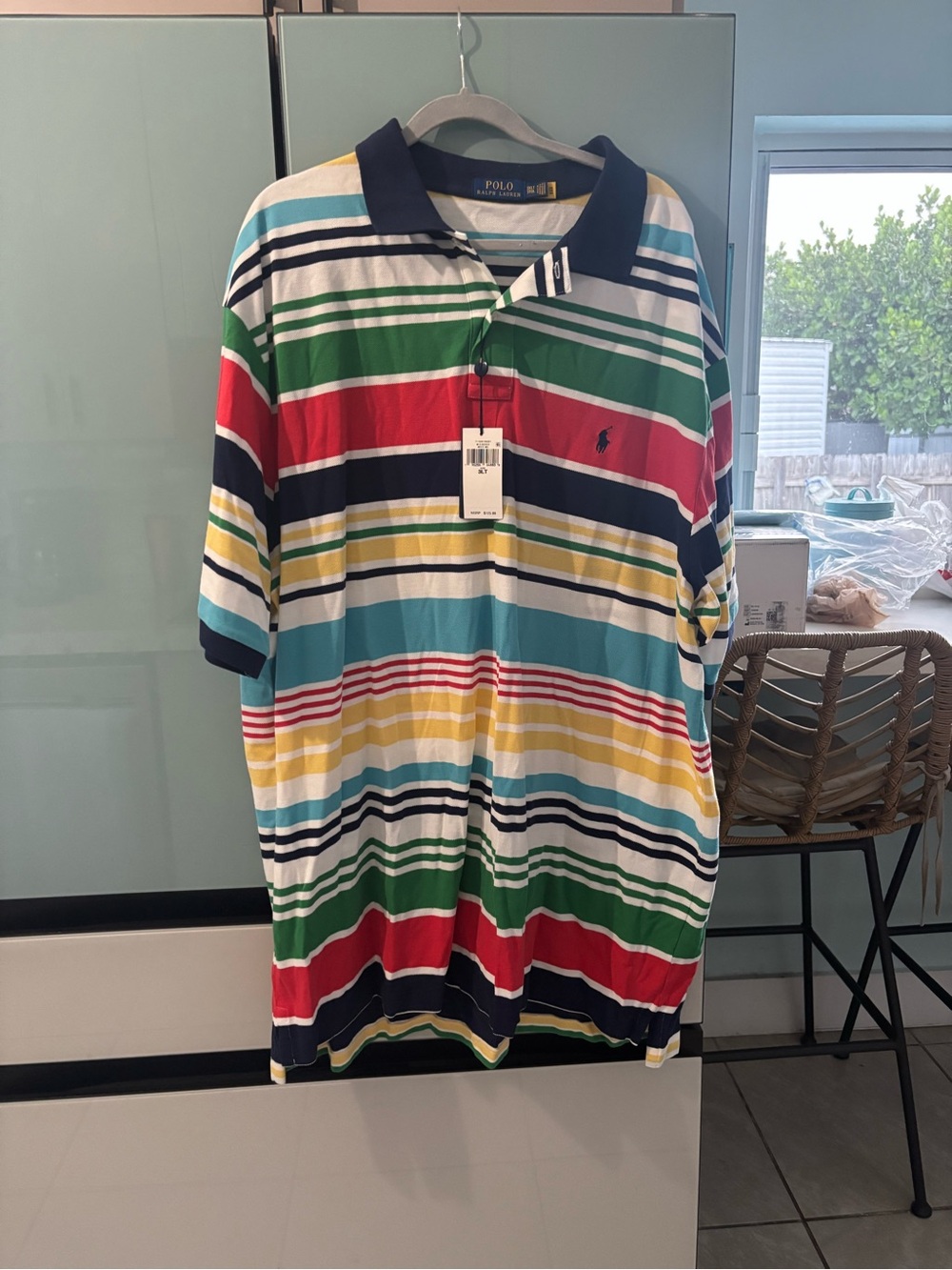 Classic Multicolor Striped Polo Shirt with Navy Collar